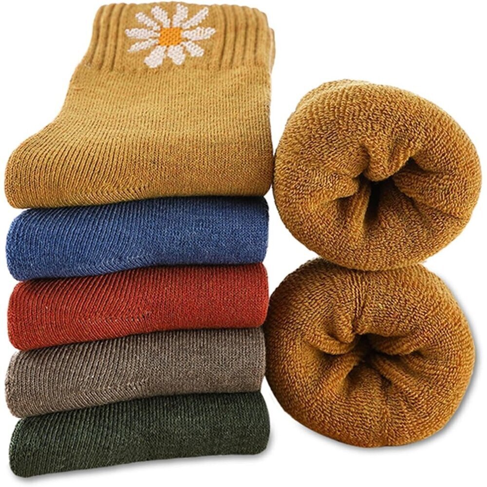 Women 5 Pairs E- Yellow,Khaki,Brown,Blue,Green Warm Winter Cozy Thermal Socks